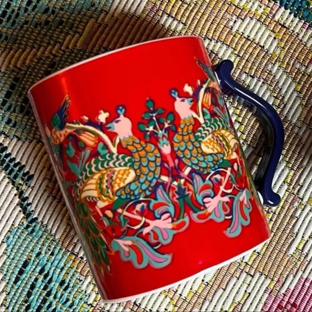 2 WILLIAM MORRIS Coffee Mugs Peacock Floral Cups Red Green Pink Bird Ornate
